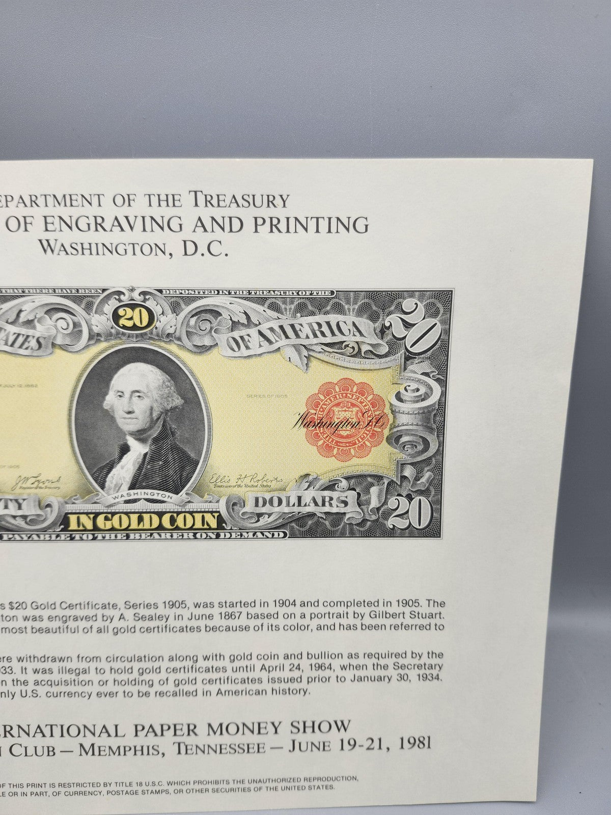 1981 BEP Souvenir Card 1905 $20 Gold Certificate Note Print Memphis Show