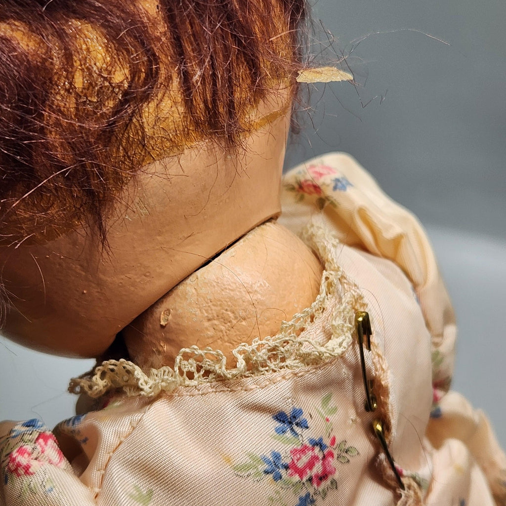 Vintage Composition Girl Doll 17 In Brown Hair Green Eyes Floral Dress Shoes