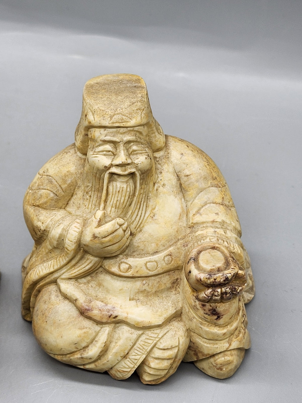 Pair Asian Carved Stone Buddha & Fukurokuju Figurines Vintage 4" Statues