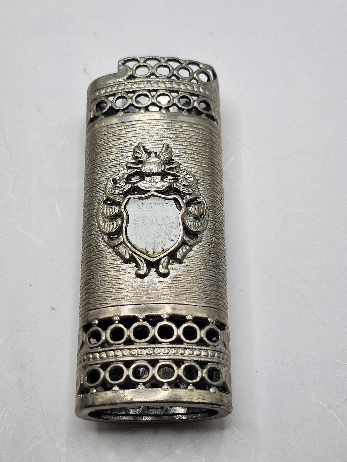 Vintage Austria Crest Lighter Case Silver Tone Metal Filigree Souvenir Decor