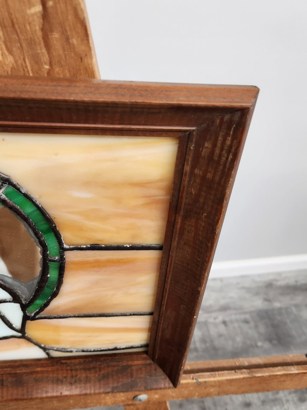 Vintage Stained Glass Leaf Panel Mirror Accent Wood Frame 16x12