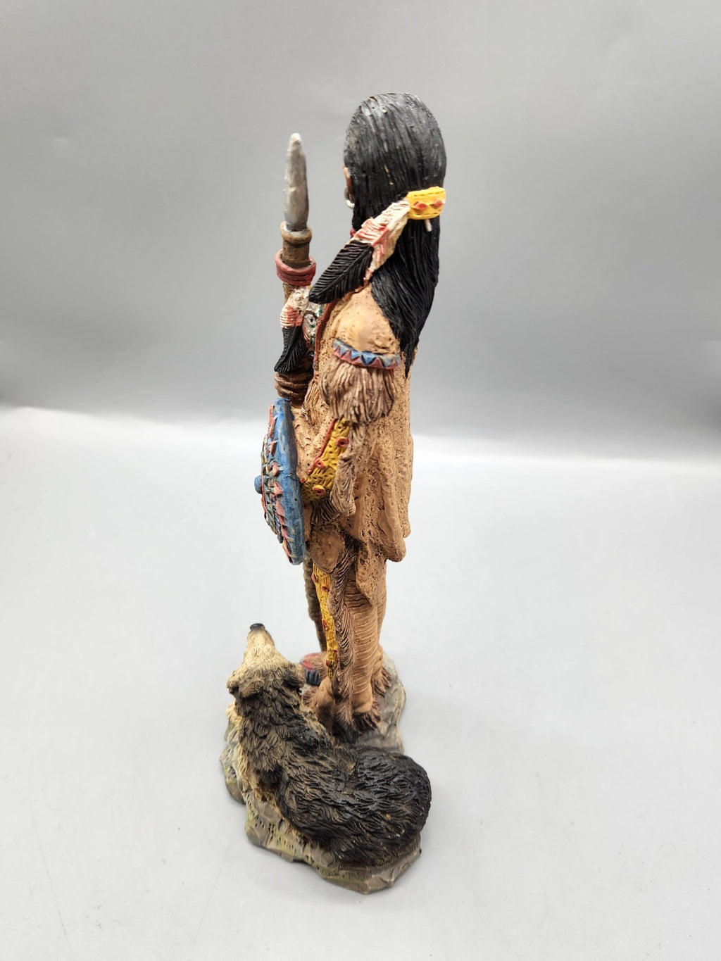 Vintage Native American Warrior Statue Figurine Spear Shield Wolf Resin 22”...