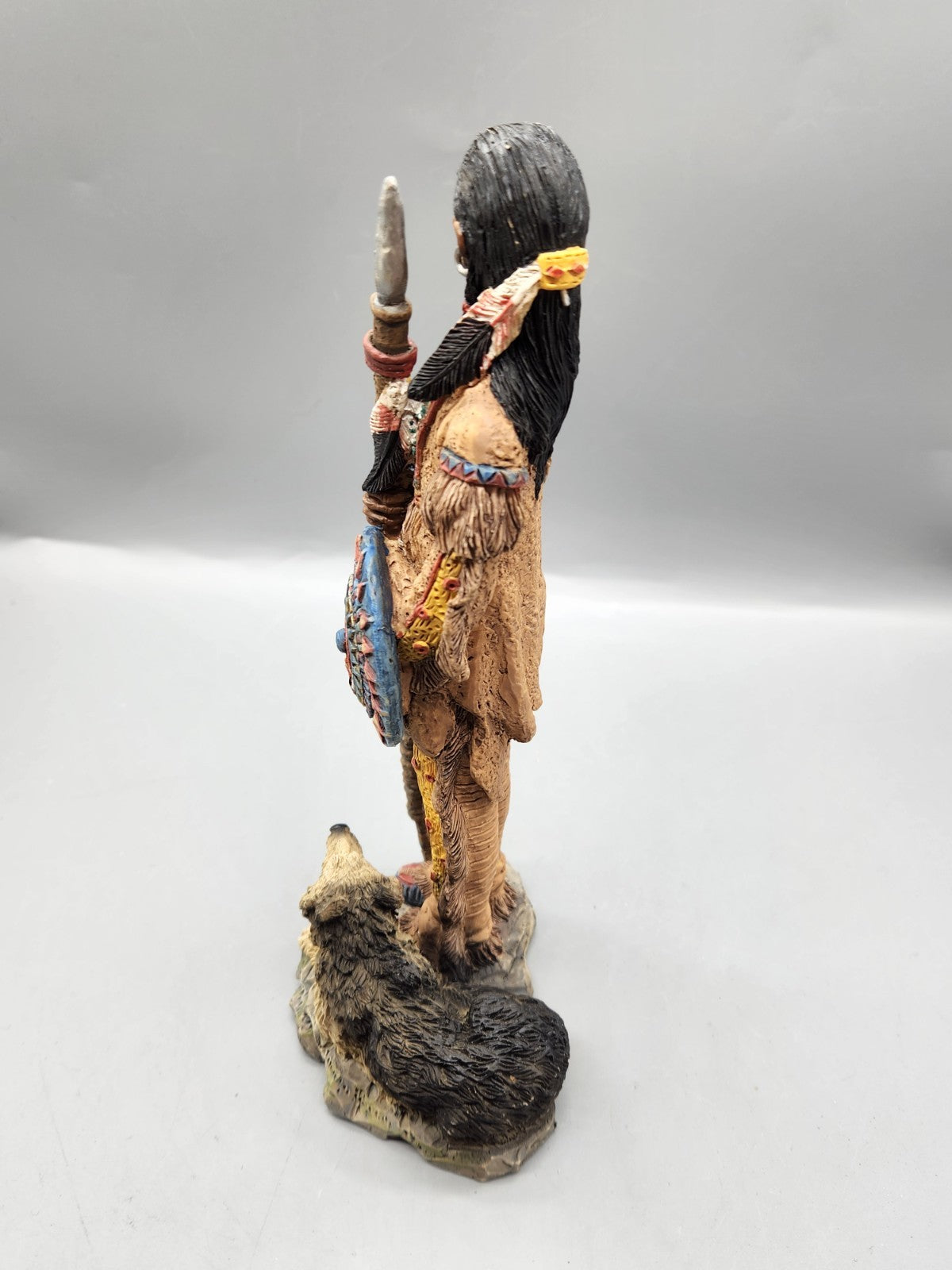 Vintage Native American Warrior Statue Figurine Spear Shield Wolf Resin 22”...