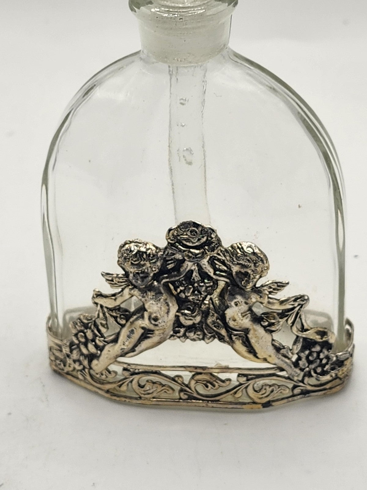 Vintage DeVilbiss Perfume Bottle Cherub Metal Base Clear Stopper Vanity Decor