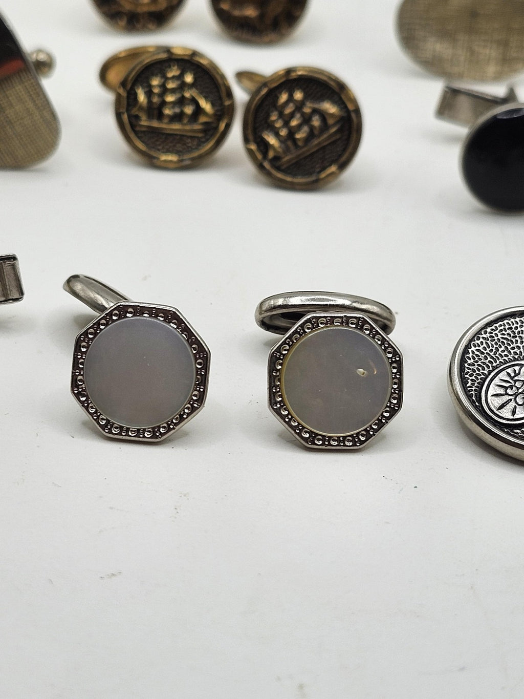 Vintage Cufflinks Lot Mixed Brands Mens Gold Silver Tone Black Rhinestone 8 Pair