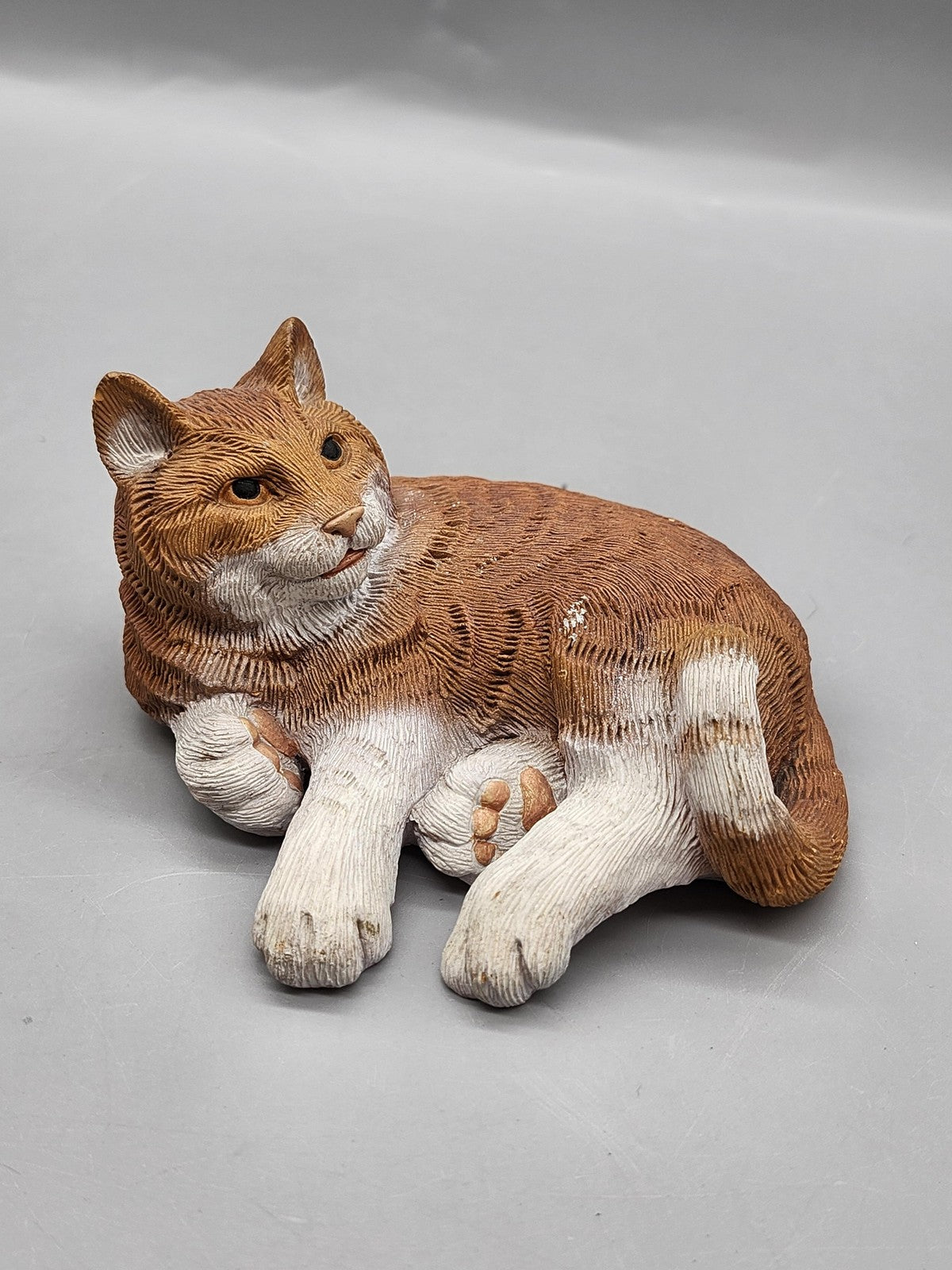 Vintage Don James Cat Figurine Reclining Small Brown White Resin Tabby Decor