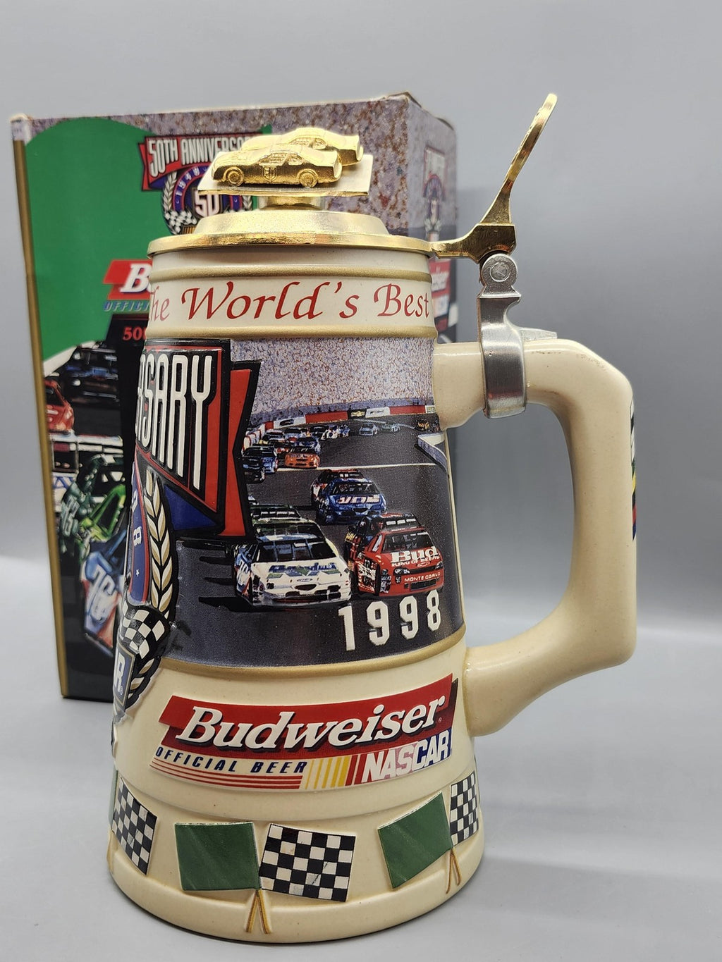 Vintage Budweiser NASCAR 50th Anniversary Lidded Stein Ceramarte Brazil