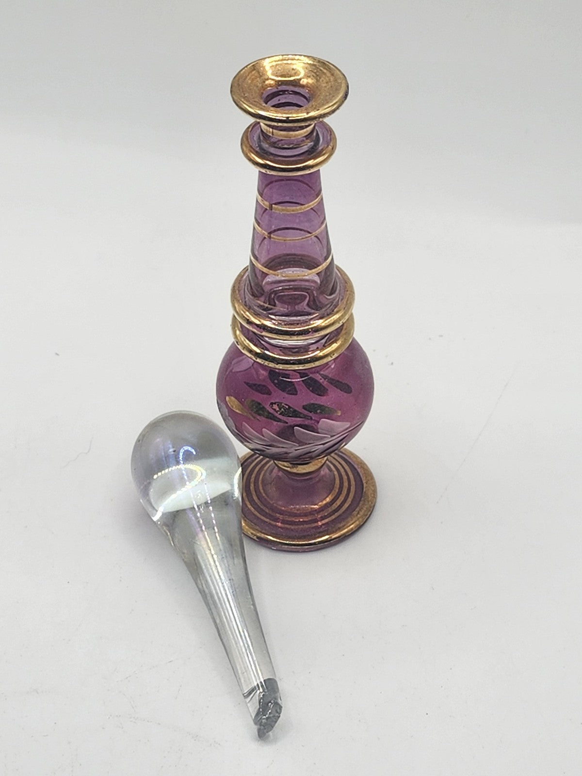 Vintage Purple Glass Perfume Bottle Clear Stopper Gold Trim Floral Design Decor