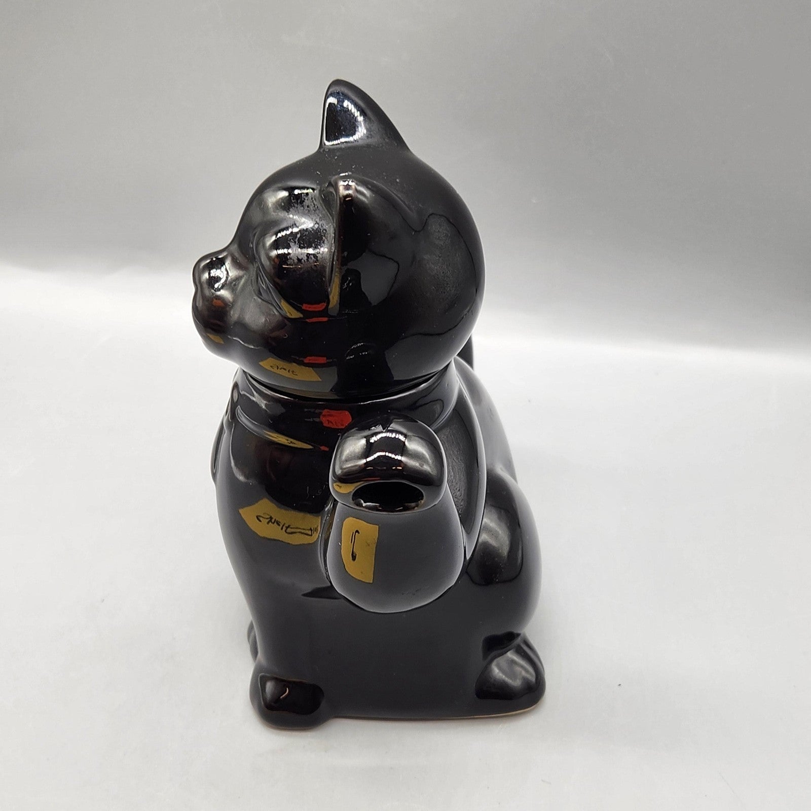 Black Ceramic Cat Teapot Glossy Figural Lid Handle Small Kitchen Decor