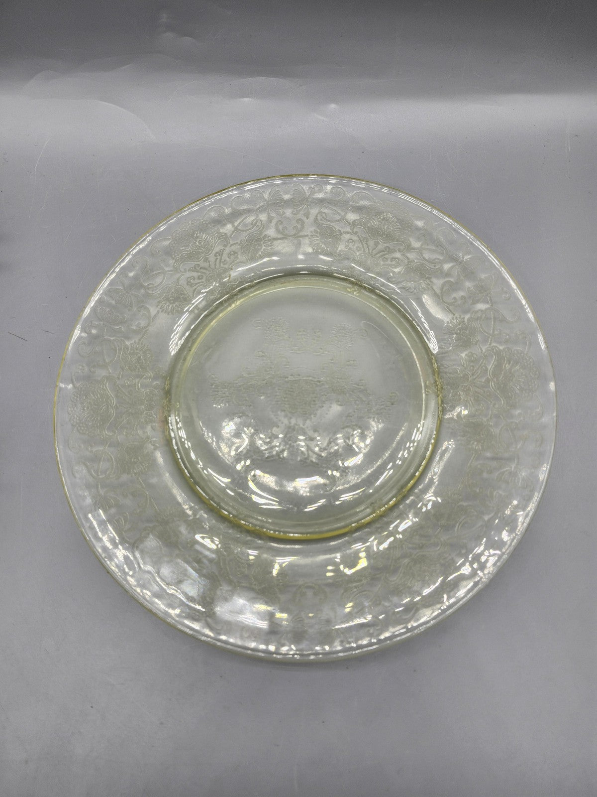 Vintage Yellow Pressed Glass Luncheon Plate Floral Etched Pattern Table Decor