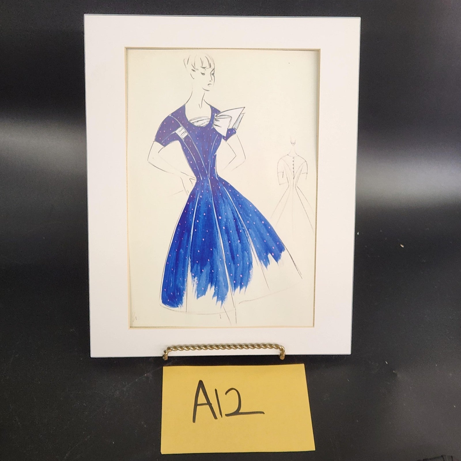 Woman Blue Dress Original Fashion Illustration Drawing Ink Pencil Matted Medium