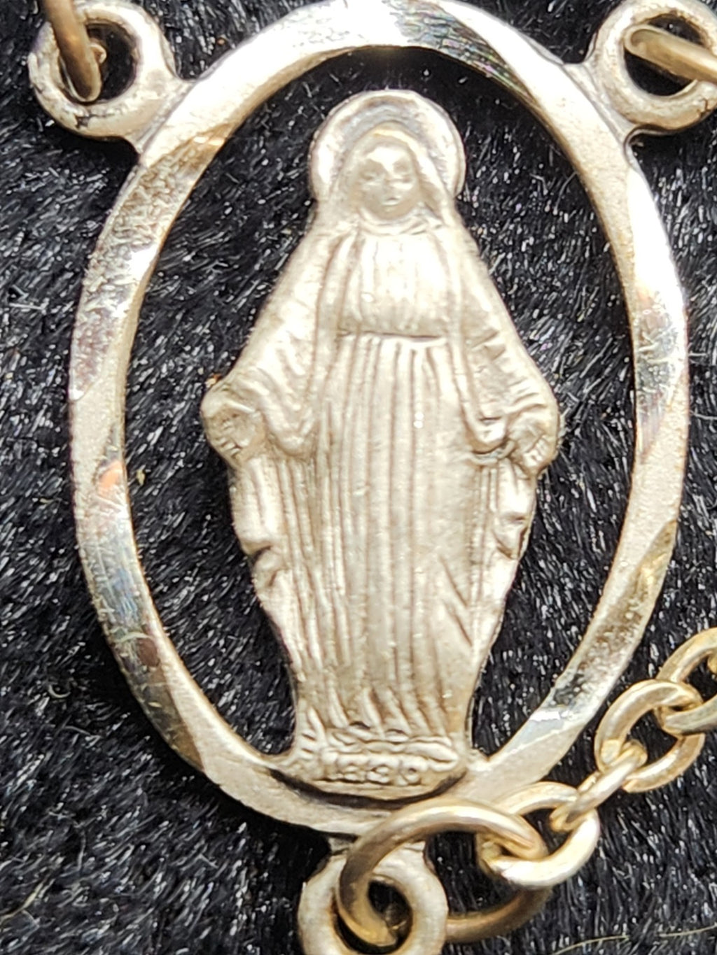 Vintage 925 Sterling Silver Miraculous Medal Rosary Black Aurora Borealis...
