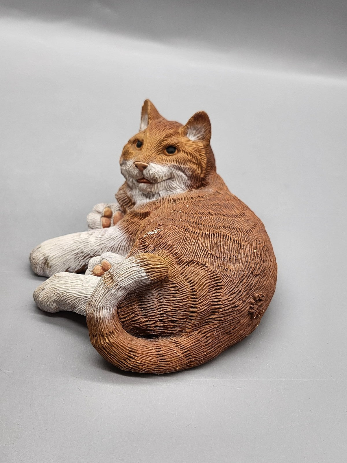 Vintage Don James Cat Figurine Reclining Small Brown White Resin Tabby Decor