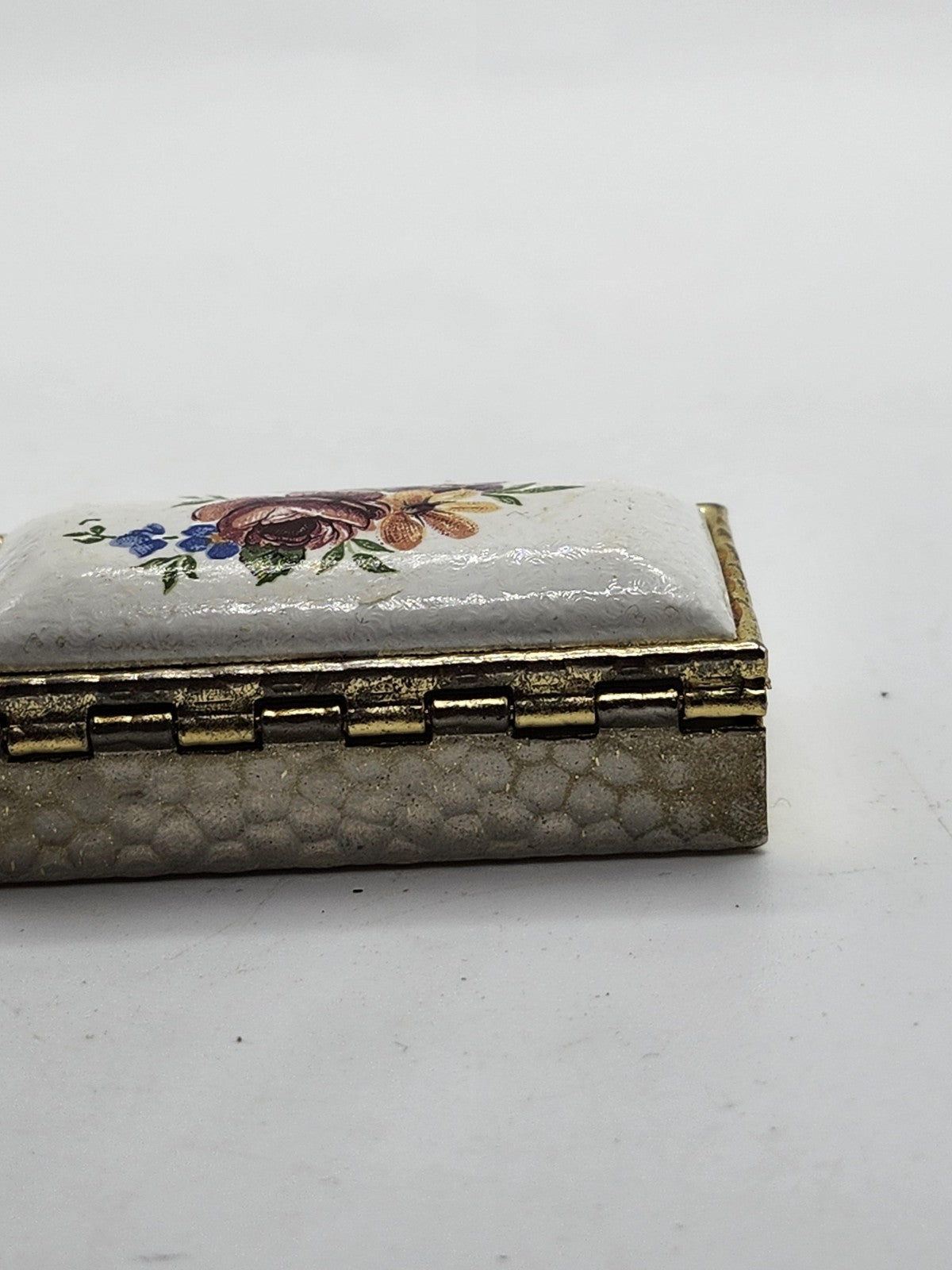 Vintage Rectangular Floral Enamel Trinket Pill Box Gold Tone Metal Small Decor