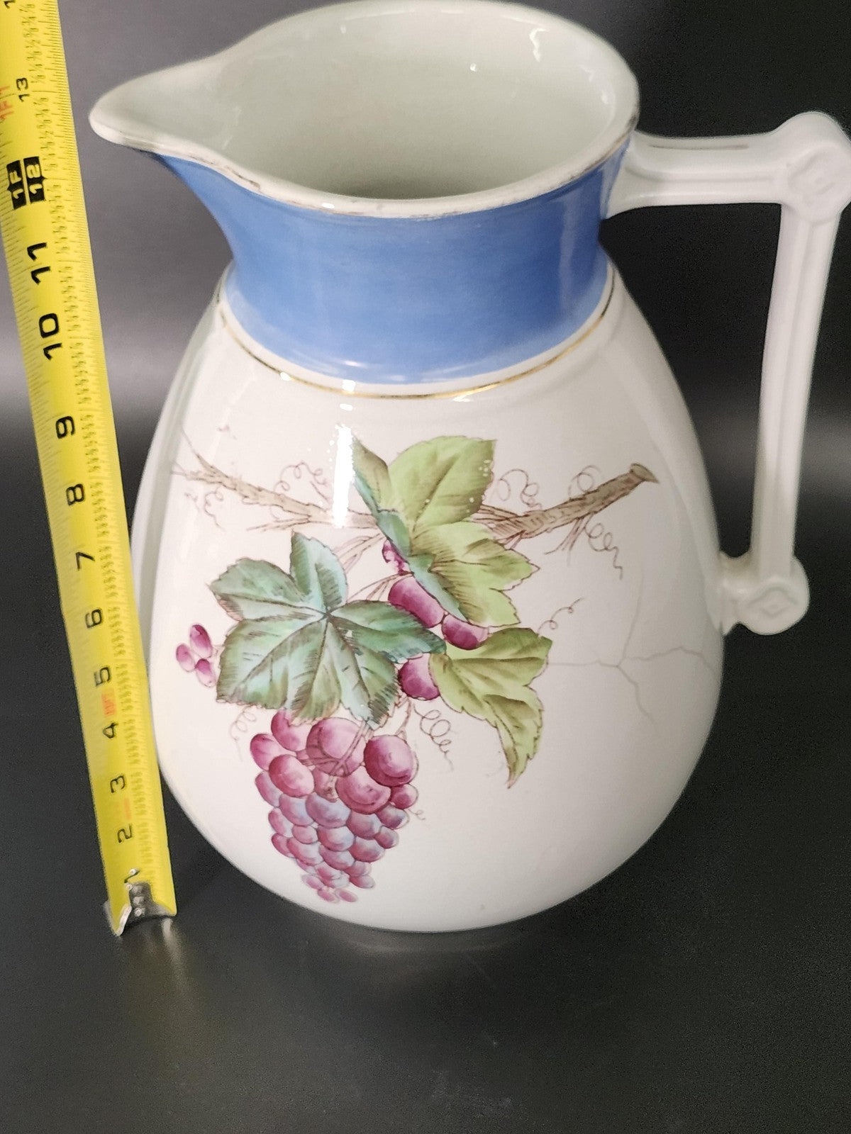 Vintage Wallace & Chetwynd White Ceramic Grape Pitcher Blue Band Pottery Decor