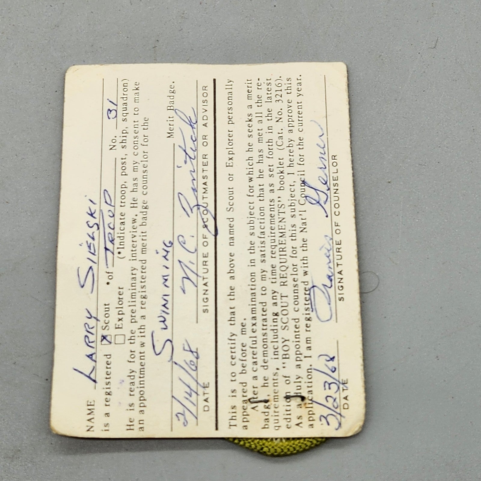 1968 Boy Scouts Swimming Merit Badge w/ Named Application Card – Buffalo NY