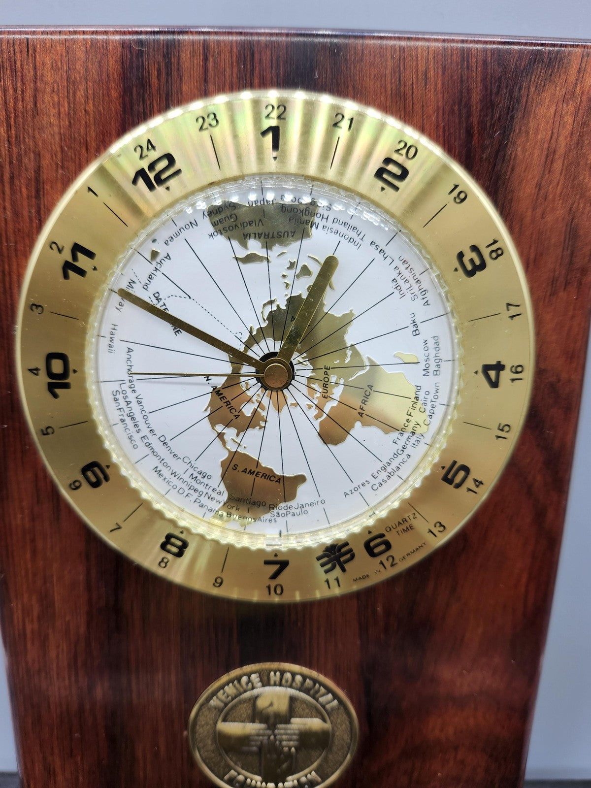 Vintage PS-Group World Time Desk Clock Brown Wood Plaque Brass Germany Decor