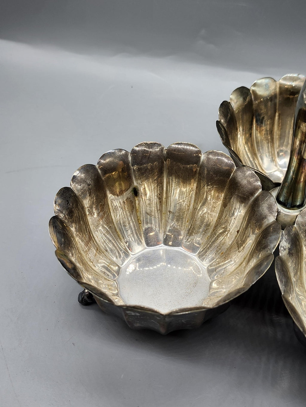 Alberti Triple Dipping Bowl Set Silver Metal Italy Handle Footed Kitchen Table