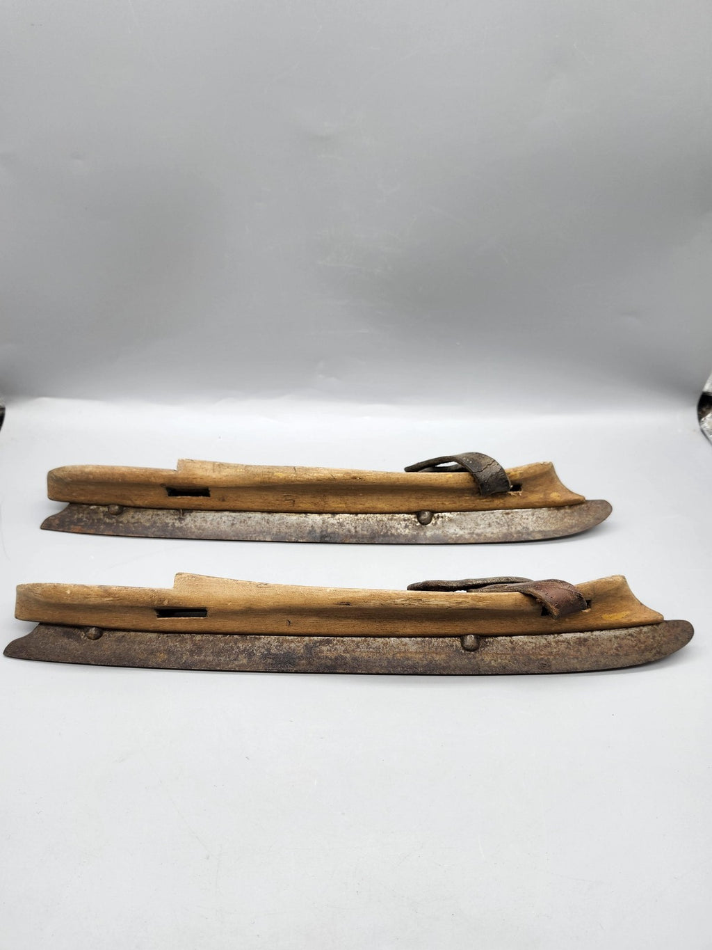 Vintage Wooden Ice Skates Adjustable Brown Leather Strap On Blades Rustic
