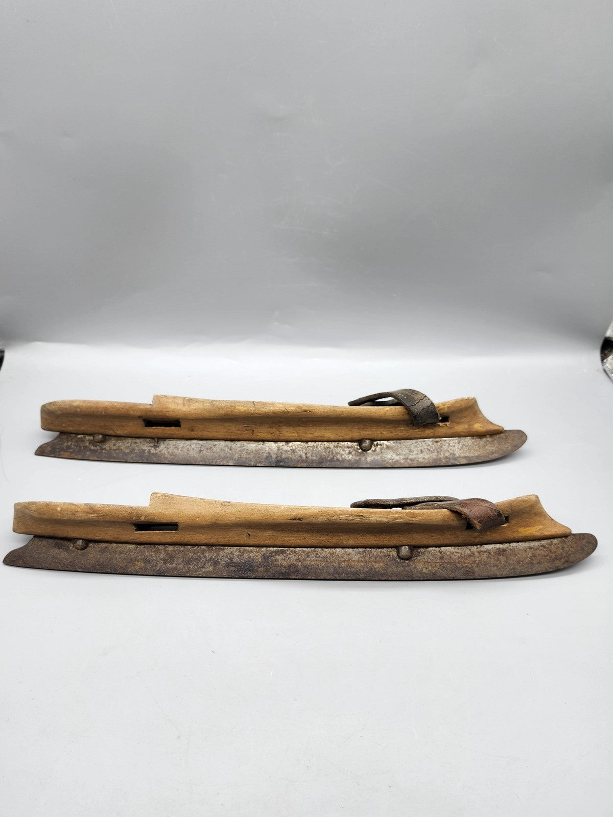 Vintage Wooden Ice Skates Adjustable Brown Leather Strap On Blades Rustic