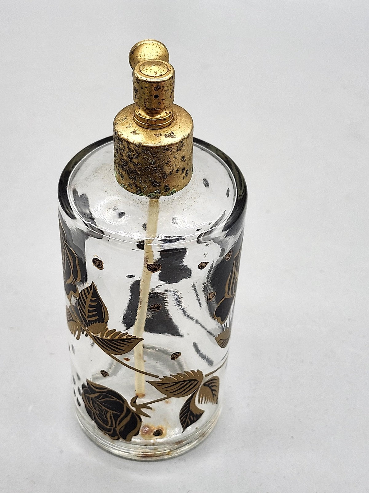 Vintage Unmarked Glass Perfume Atomizer Bottle Black Gold Rose Vanity Decor