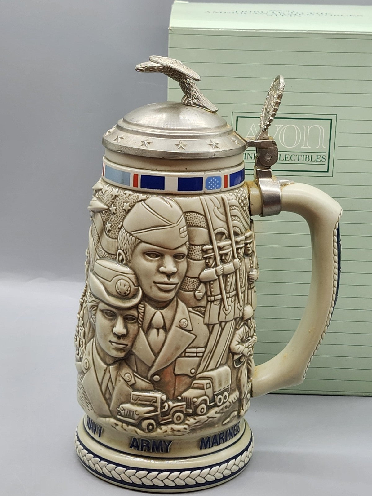Vintage 1990 Avon American Armed Forces Beige Lidded Stein Brazil Decor USA