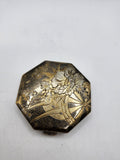 Vintage Art Deco Floral Powder Compact Mirror Octagon Gold Silver Tone Case
