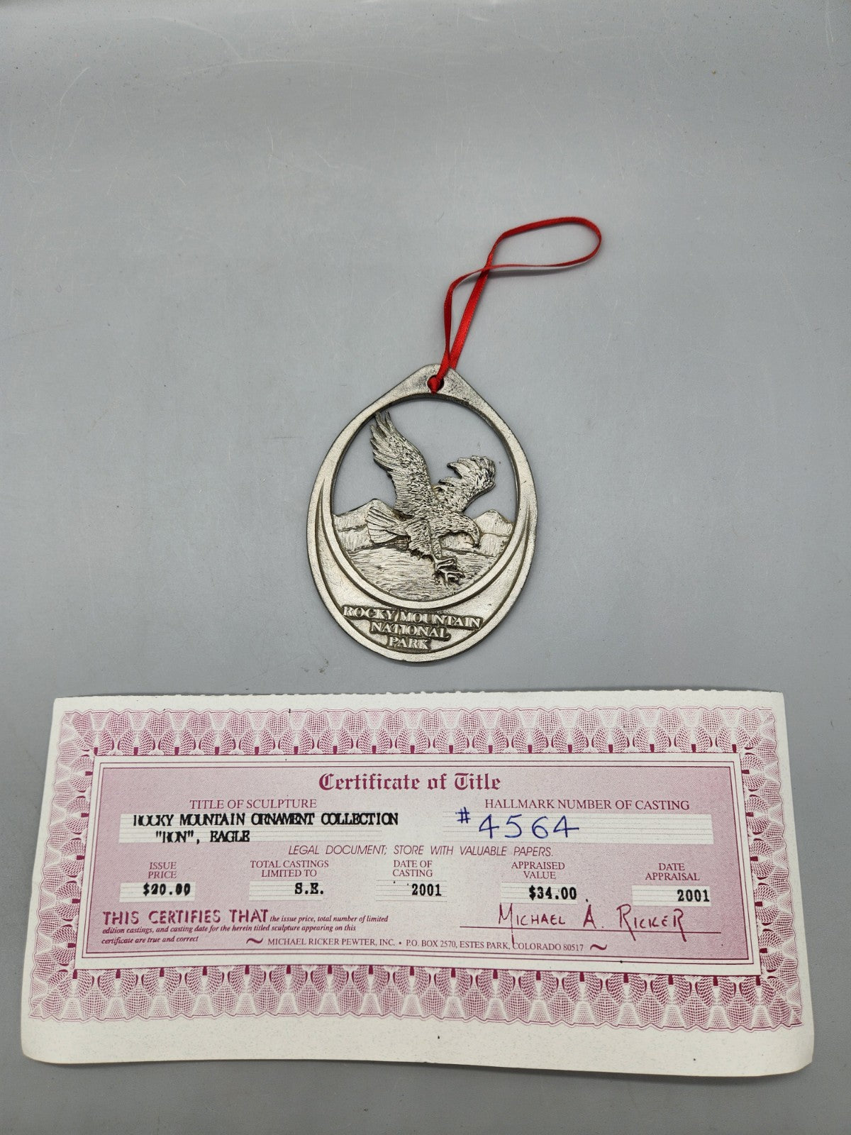 2001 Michael Ricker Rocky Mountain National Park Eagle Pewter Ornament w/ COA