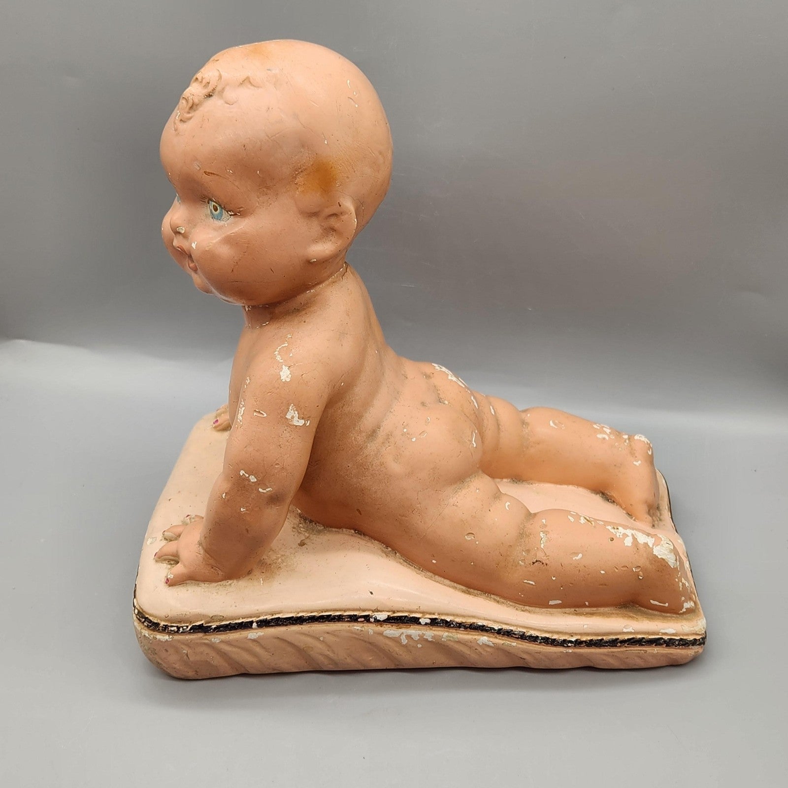 Vintage Unmarked Piano Baby Figurine Large Pink Chalk Nursery Shelf Decor