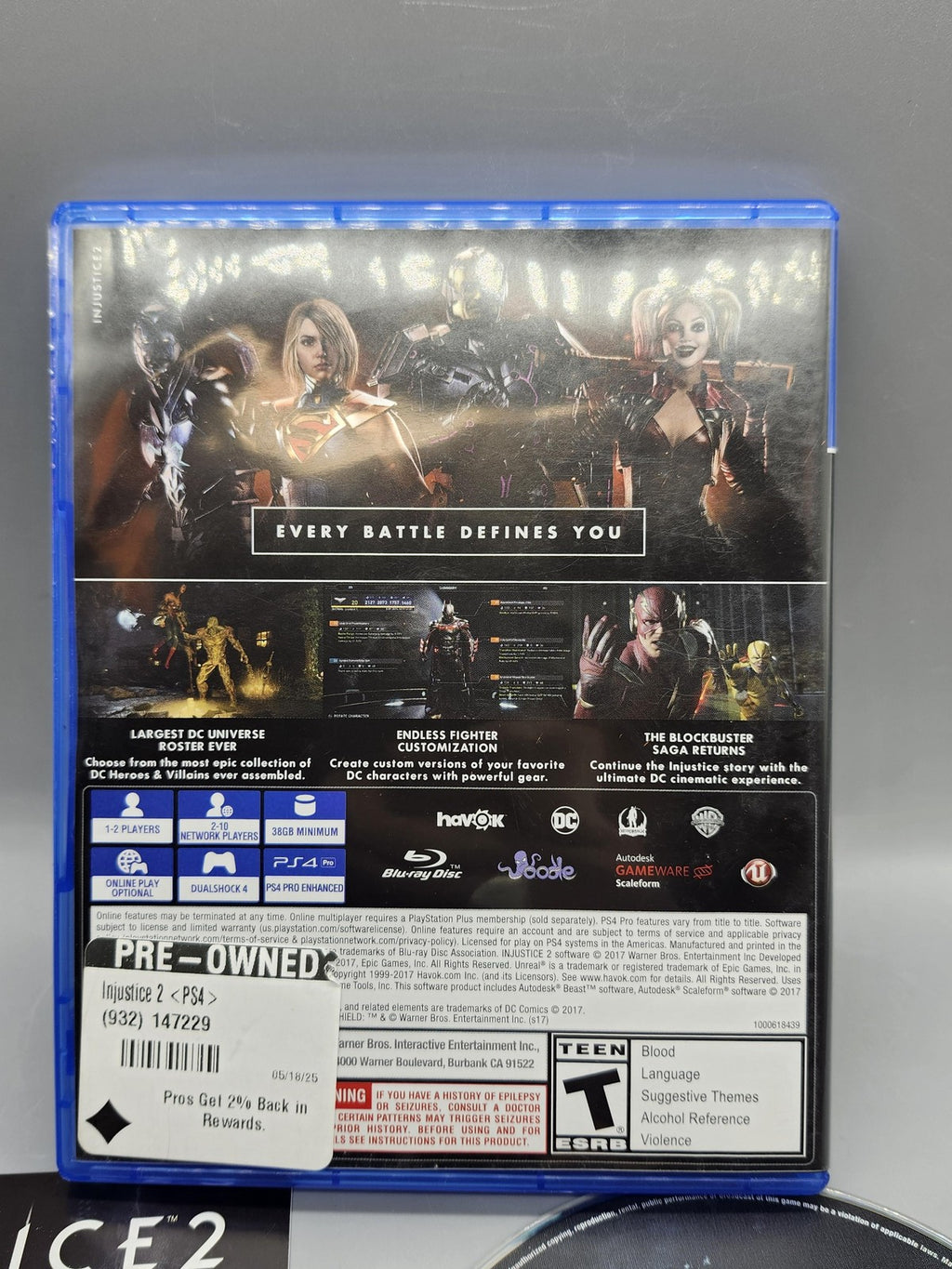 Injustice 2 PlayStation 4 PS4 Game T Warner Bros. NTSC-U/C 2017 Disc Manual