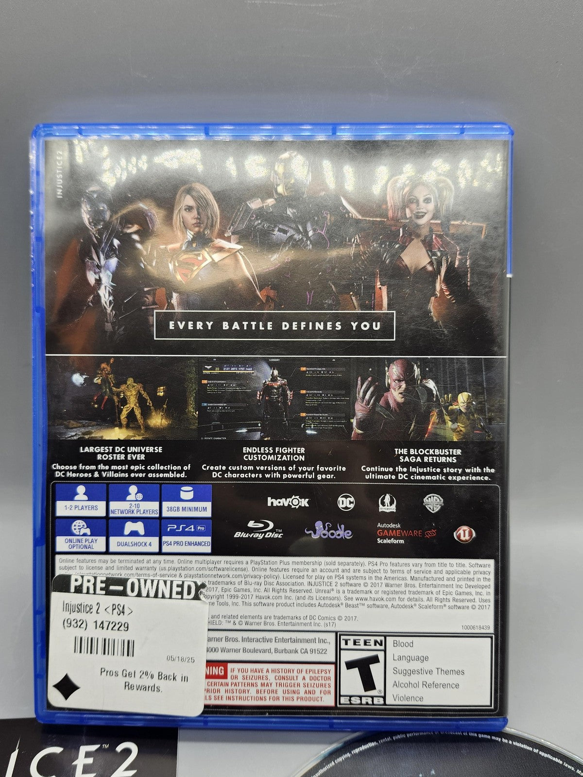 Injustice 2 PlayStation 4 PS4 Game T Warner Bros. NTSC-U/C 2017 Disc Manual