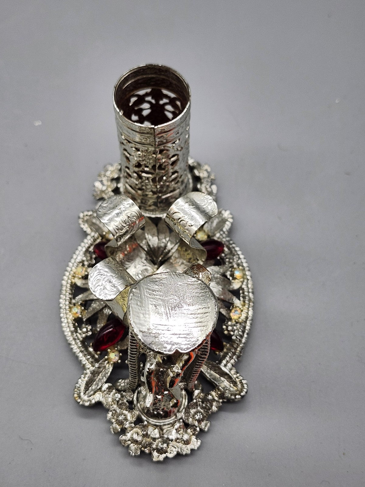 Vintage SF Lady Lipstick Holder Ring Stand Silver Tone Red Rhinestone Vanity USA