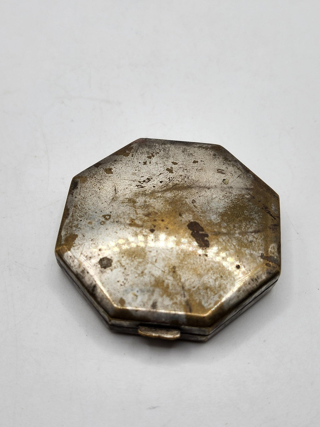 Vintage Art Deco Floral Powder Compact Mirror Octagon Gold Silver Tone Case