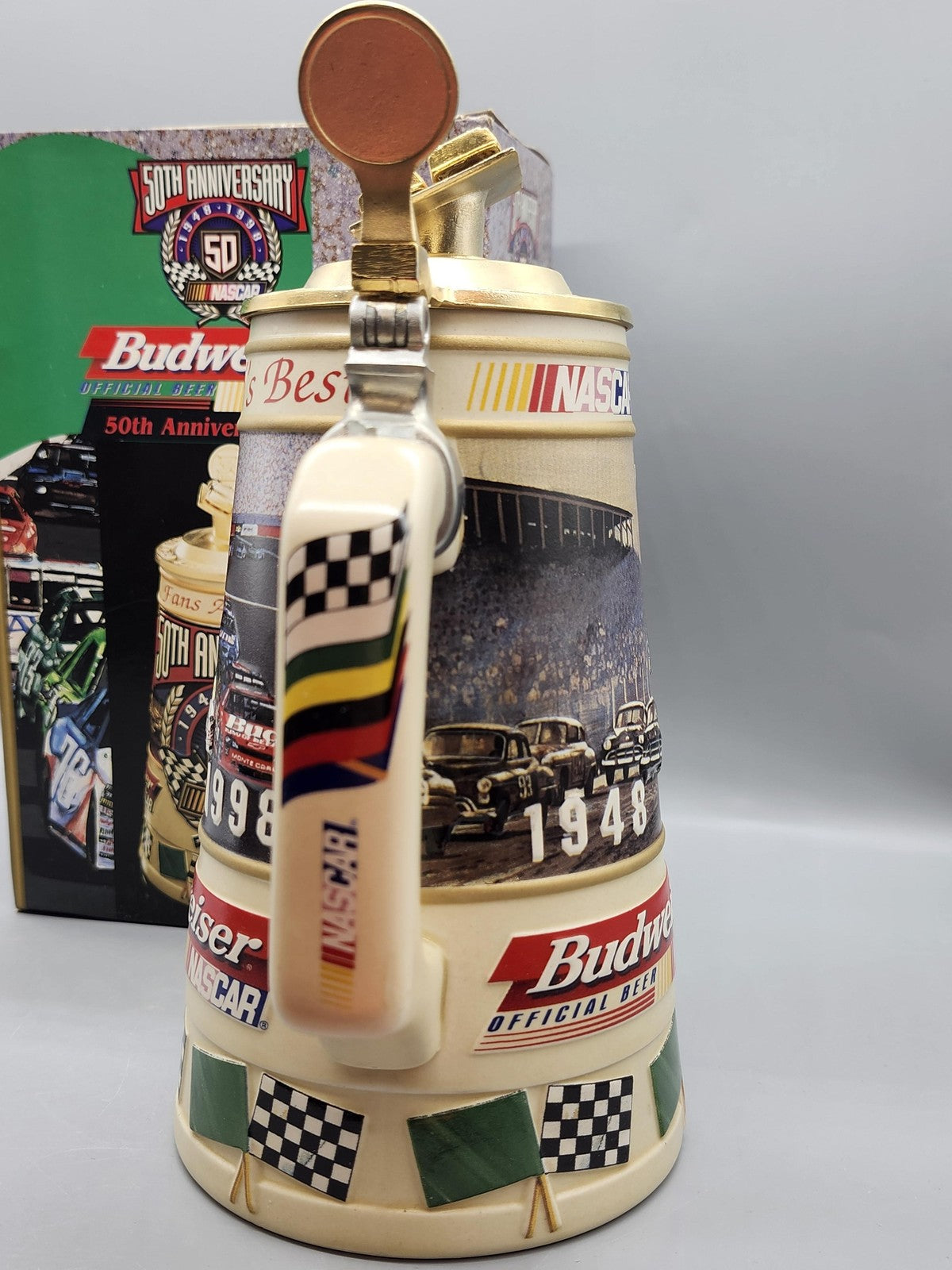 Vintage Budweiser NASCAR 50th Anniversary Lidded Stein Ceramarte Brazil