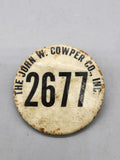 Vintage John W Cowper Co Employee Badge 2677 Pinback Button Number Lapel Metal