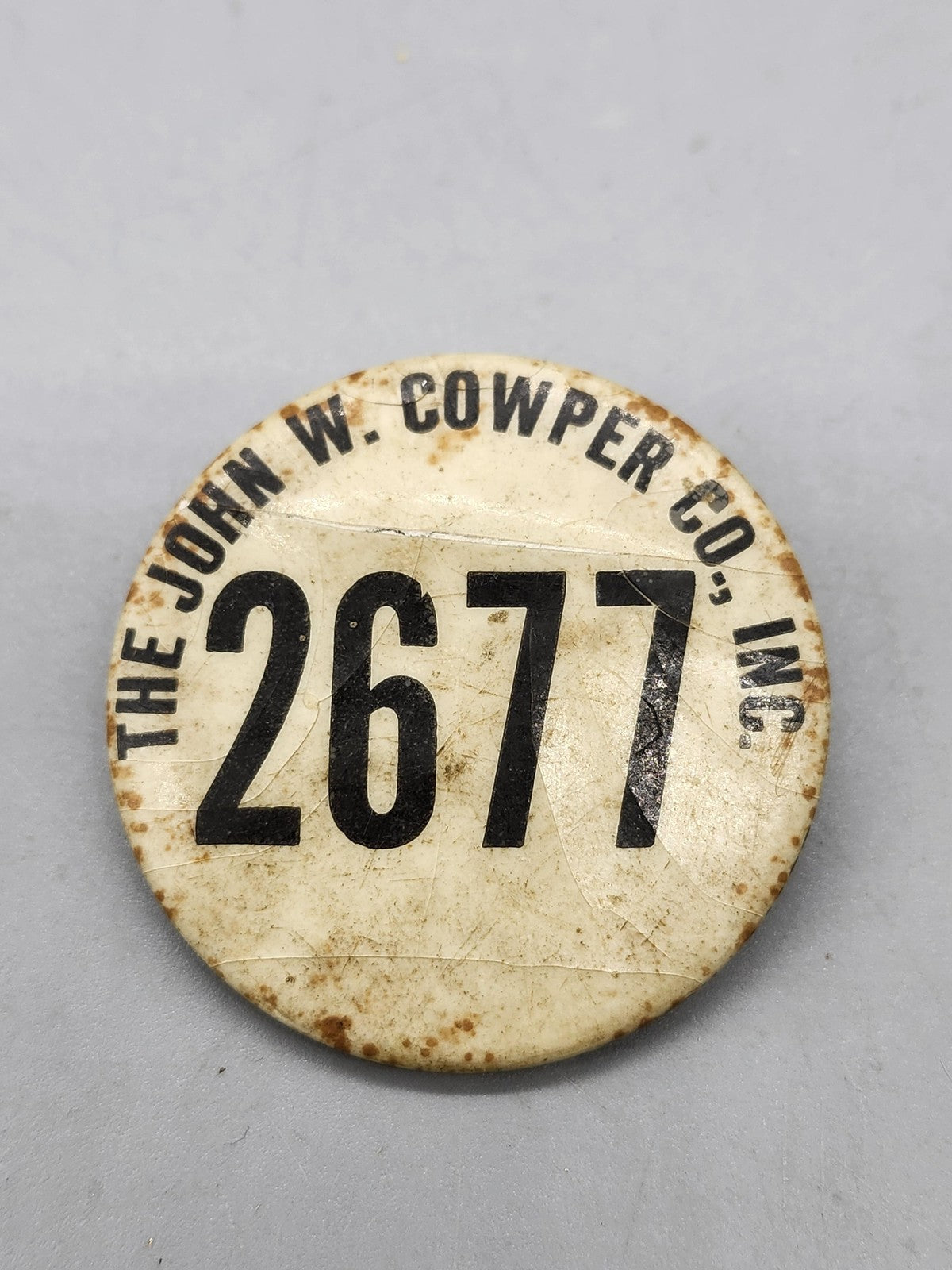 Vintage John W Cowper Co Employee Badge 2677 Pinback Button Number Lapel Metal
