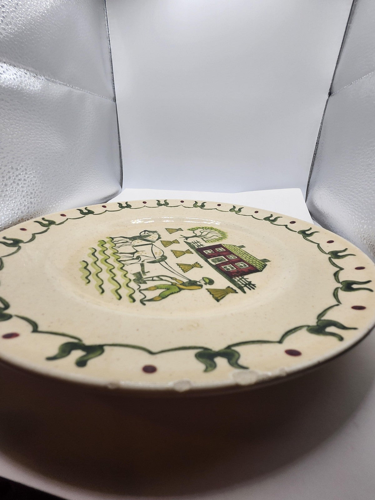 Vintage Unmarked Stoneware Dinner Plate Farm Scene Horse House Country Decor