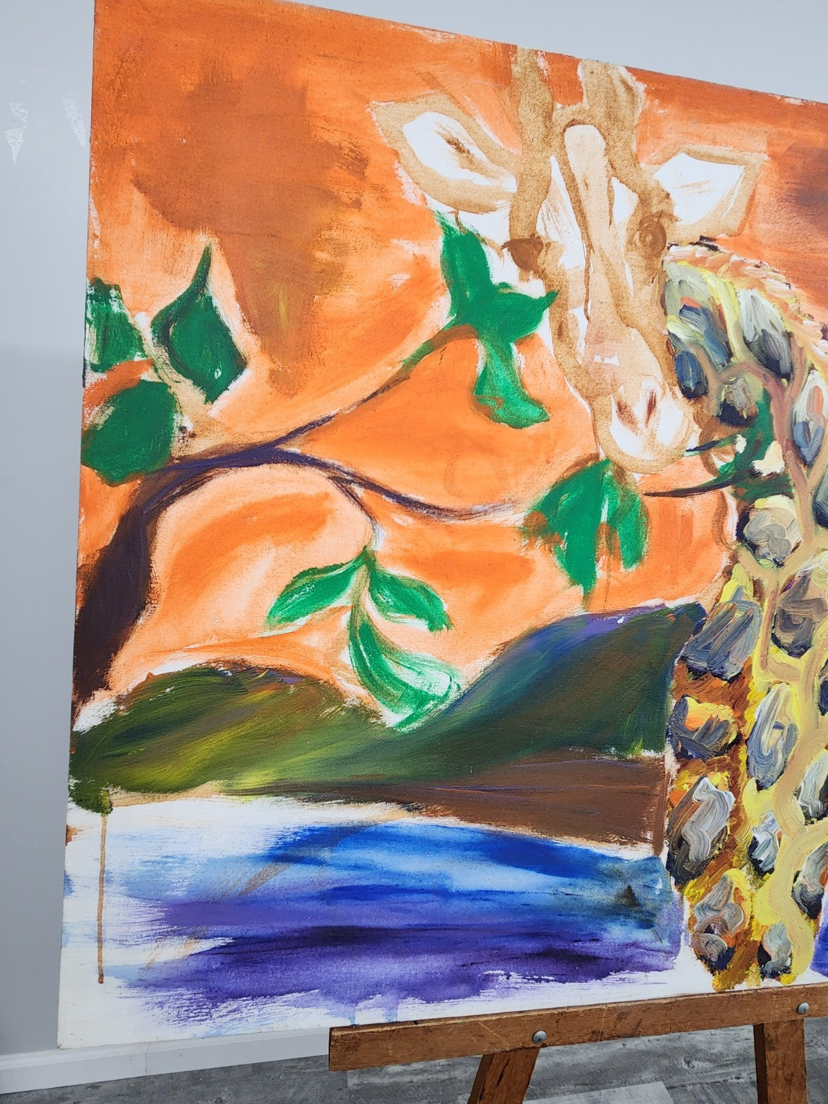 Vintage Unfinished Original Giraffe Acrylic Painting on Canvas 44x38 Abstract...