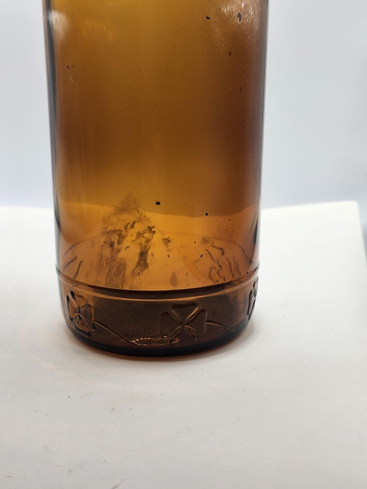 Vintage Large Amber Brown Glass Bottle Embossed Clover Flowers Cork Decor