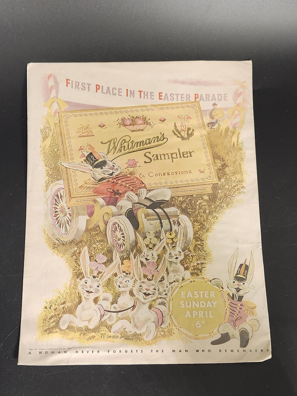 Vintage 1947 Whitman's Sampler Easter Parade Advertising Sign Candy Bunnies