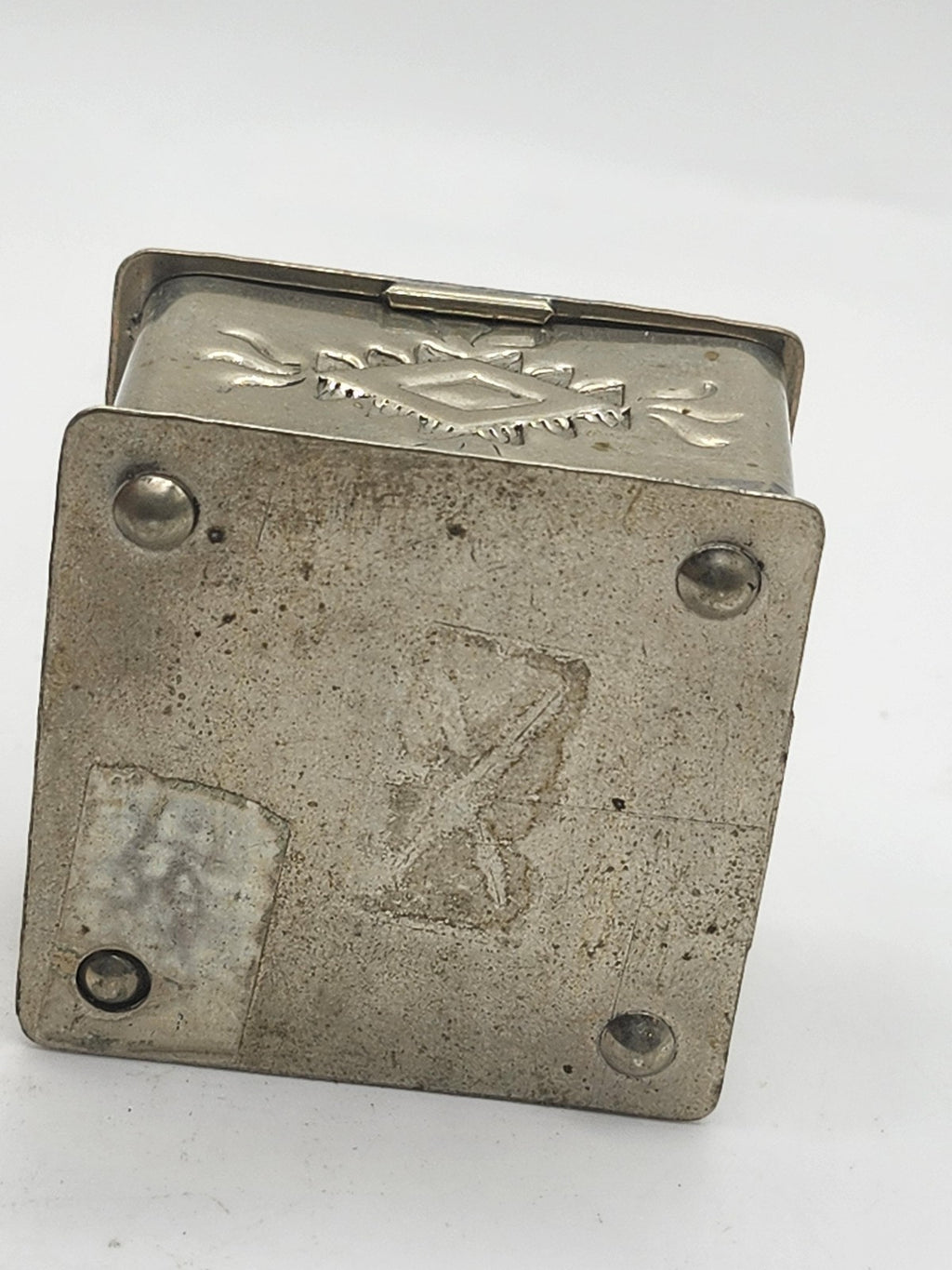 Small Silver Metal Trinket Box Southwestern Geometric Design Hinged Lid Decor