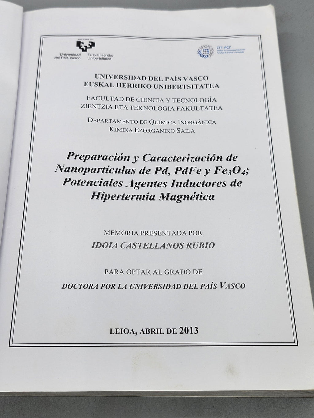 Preparación Nanopartículas Pd PdFe Fe3O4 Idoia Castellanos Blue PB Hipertermia