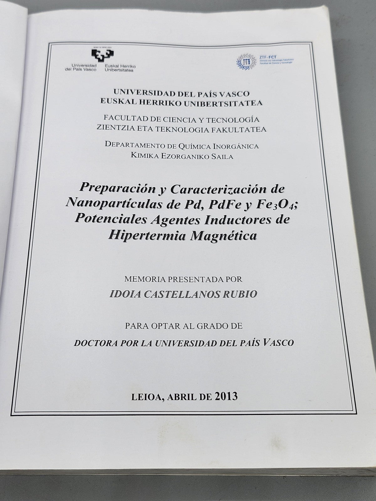 Preparación Nanopartículas Pd PdFe Fe3O4 Idoia Castellanos Blue PB Hipertermia