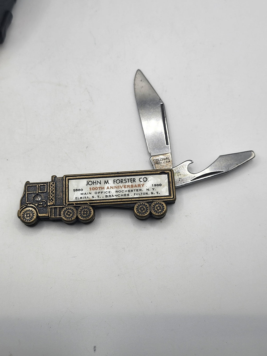 Vintage Colonial USA John M Forster Truck Pocketknife 2 Blade Brass Advertising