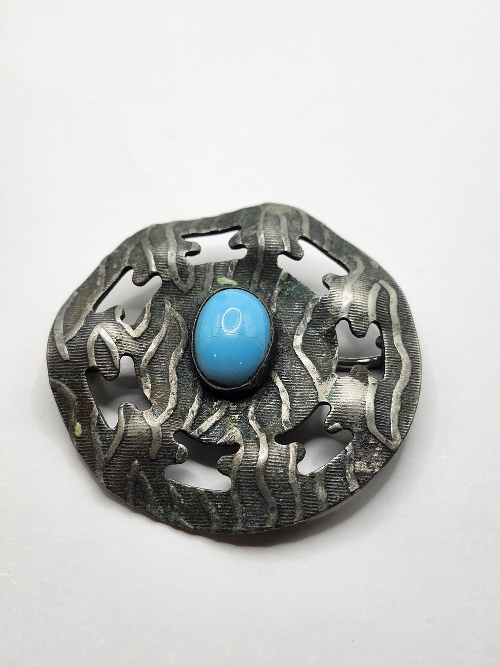 Silver Tone Abstract Round Brooch Pin Turquoise Cabochon Costume Jewelry Gift