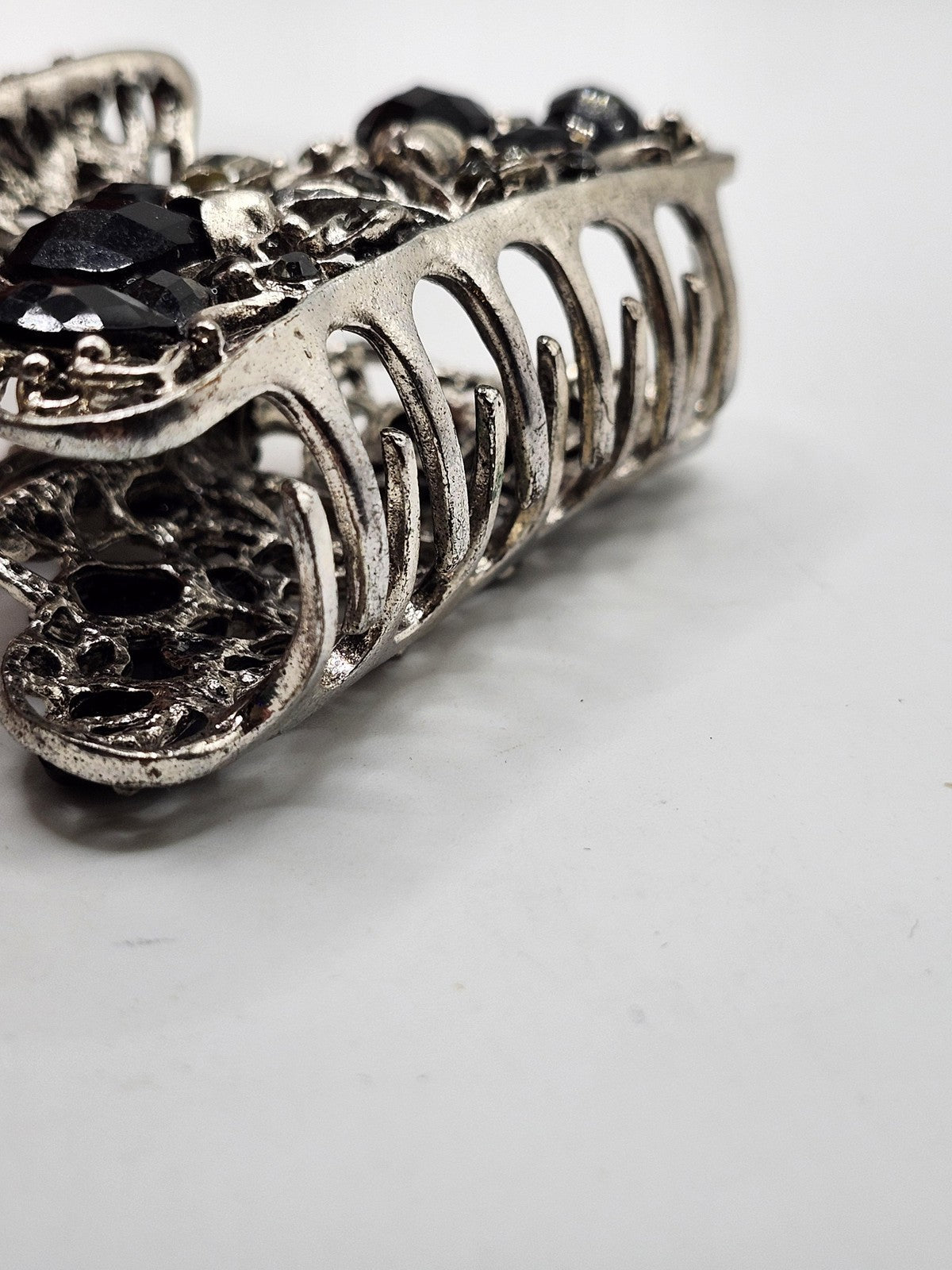 Hair Claw Clip Womens Teens Silver Black Rhinestone Floral Barrette Party Casual