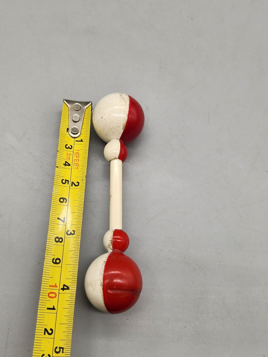 Vintage Wooden Baby Rattle Red White Double Ball Toy Nursery Folk Primitive