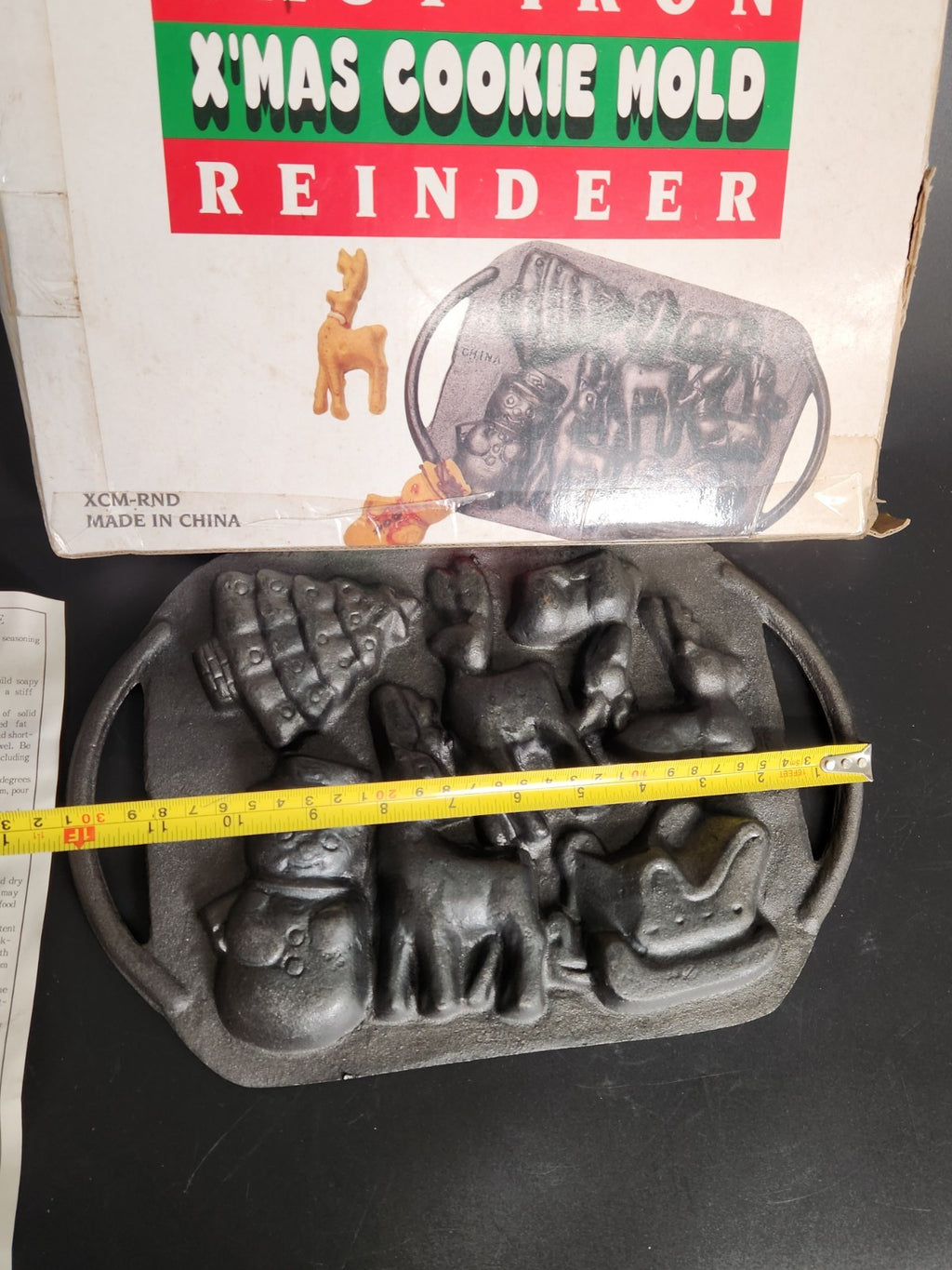 Vintage Cast Iron Christmas Cookie Mold Reindeer Snowman Tree Sleigh With Box
