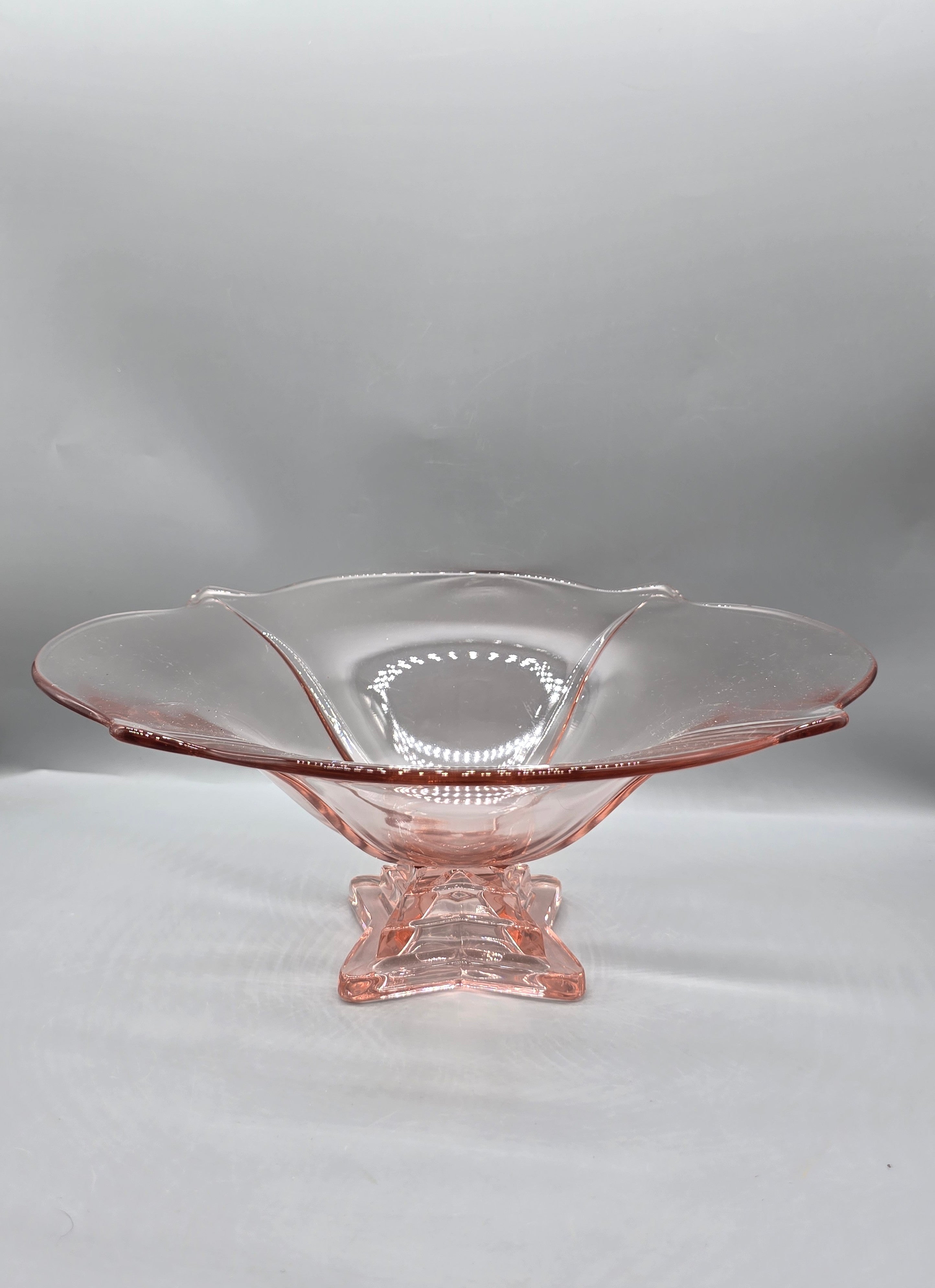 Vintage Pink Depression Glass Pedestal Console Bowl Ruffled Scalloped Edge Centerpiece