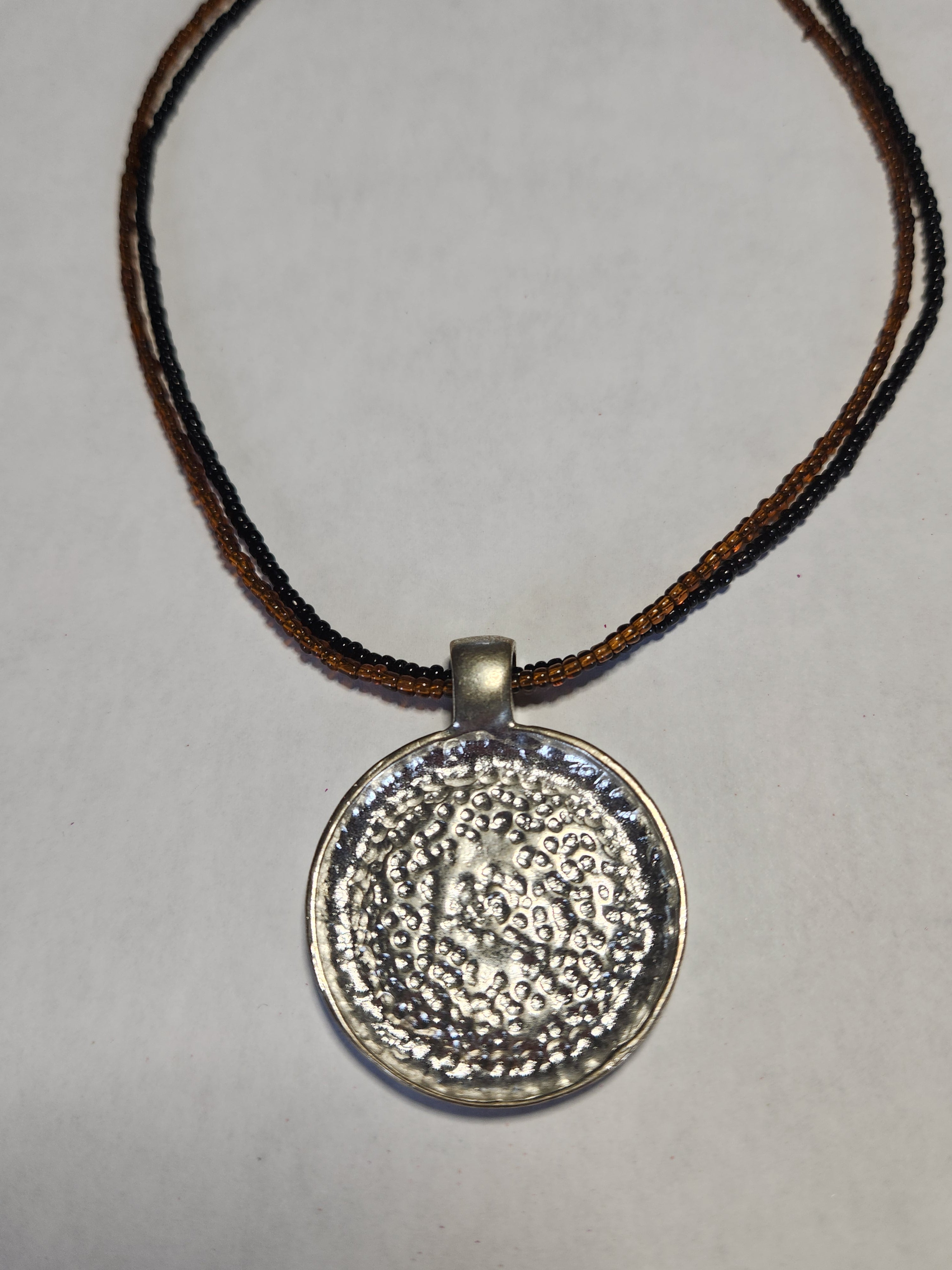 Handcrafted Art Glass Pendant Necklace Double Seed Bead Choker Silver Tone